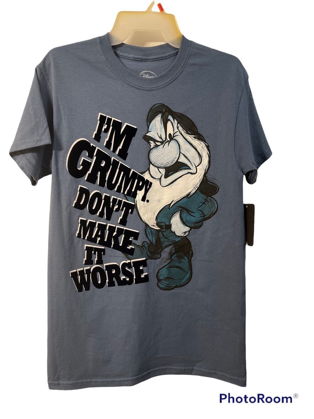 Men's Disney I'M GRUMPY Don't make it worse Greyish Blue T-Shirt Dwarf Cotton S